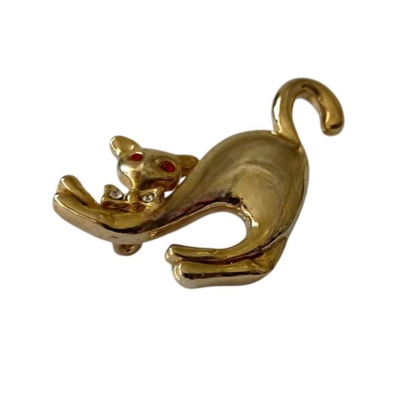 Vintage Stretching Cat Brooch Pin Liquid Gold Tone Red Rhinestone Eyes Sassy - Picture 4 of 14